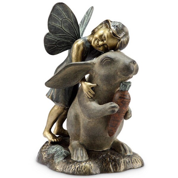 Happiness Garden Sculpture Fairy and Rabbit Bunny Hugging Carrot